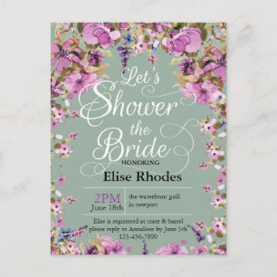Invitation Carte Postale Botanique violet cadre floral minty Douche nuptial