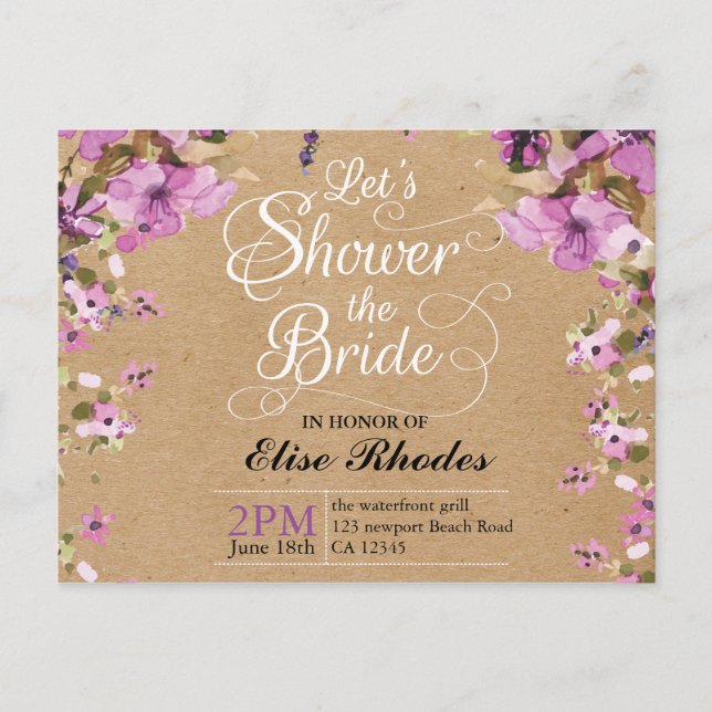 Invitation Carte Postale Botanique violet papier kraft fleuri Douche nuptia (Devant)