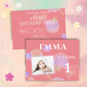 Invitation Carte Postale Boules roses mignonnes 1ère fête d'anniversaire Ph