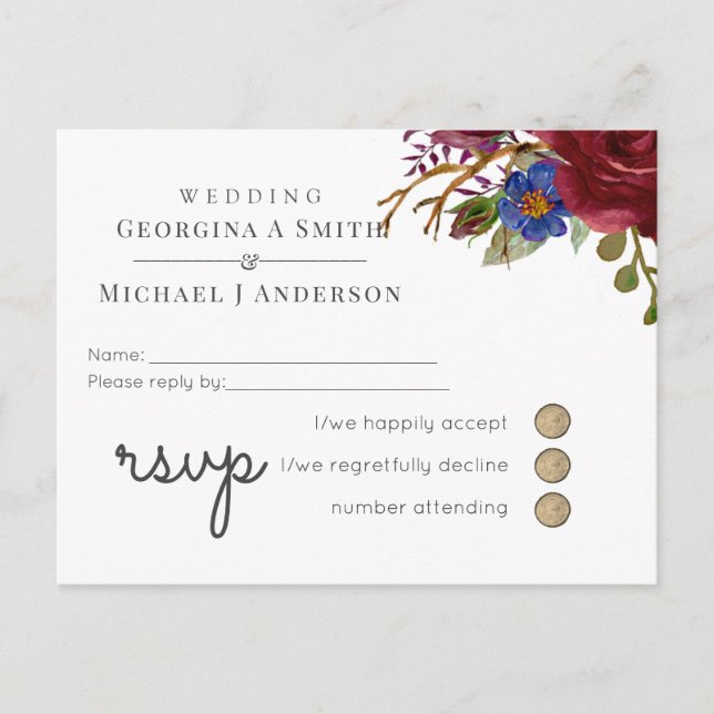 Invitation Carte Postale Bouquet Bourgogne Bleu Rose MARIAGE RSVP (Devant)