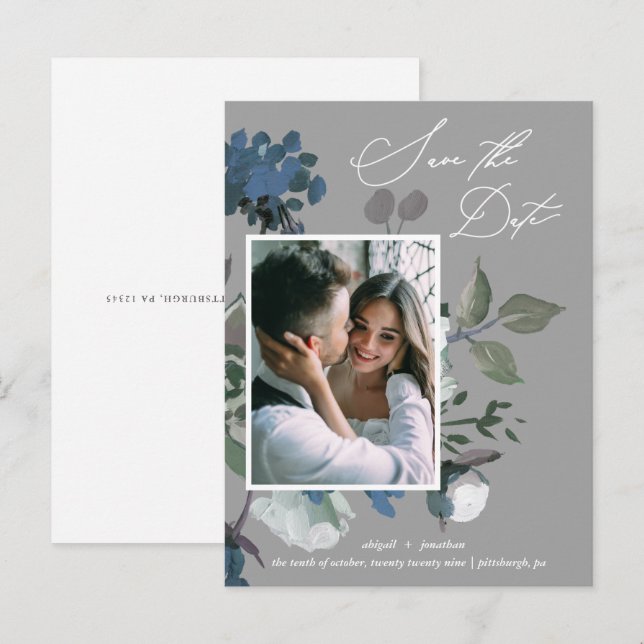 Invitation Carte Postale Bouquet d'aquarelle bleu rustique Enregistrer la d (Devant / Derrière)