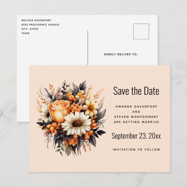 Invitation Carte Postale Bouquet de fleurs gris jaune orange Enregistrer la (Devant / Derrière)