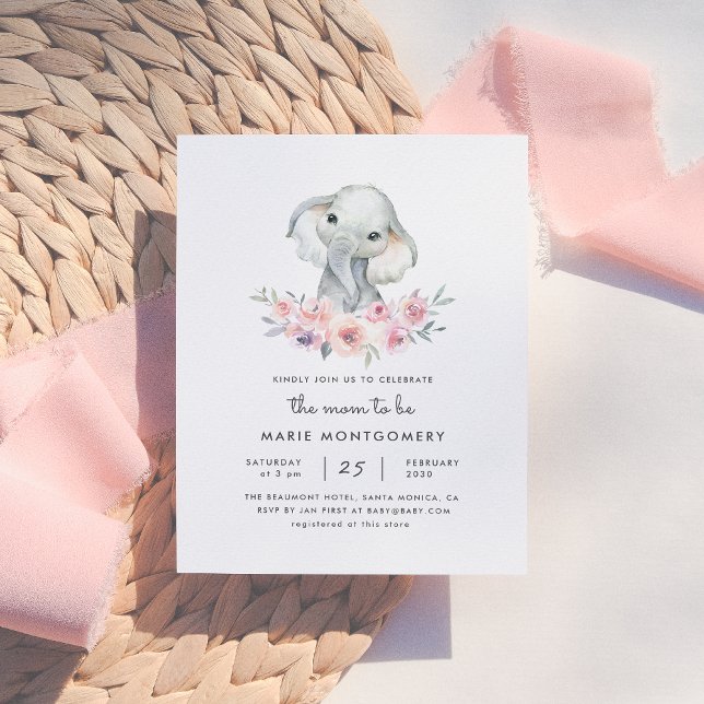 Invitation Carte Postale Bouquet floral mignon Eléphant Baby Girl Baby show (Créateur téléchargé)