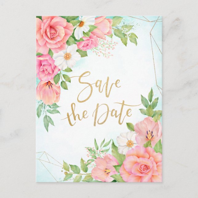 Invitation Carte Postale Bouquet floral ombré turquoise Roses Enregistrer l (Devant)