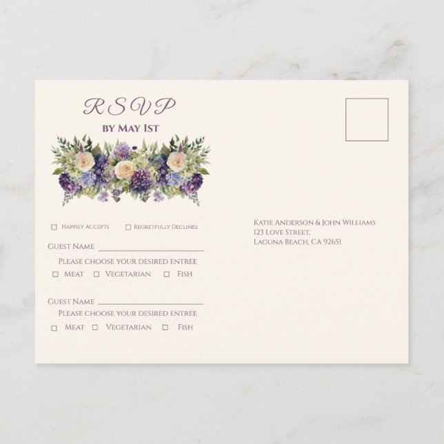 Invitation Carte Postale Bouquet-Mariage de fleurs violettes Aquarelle RSVP (Dos)