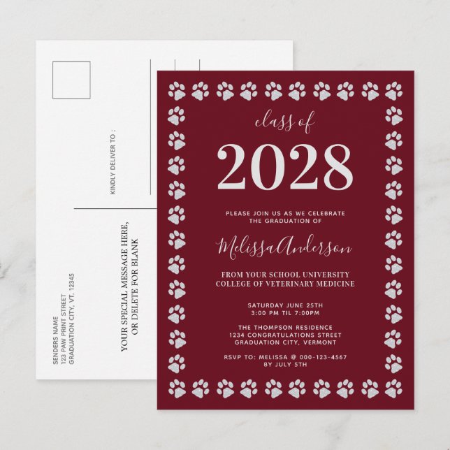 Invitation Carte Postale Bourgogne Empreintes de pattes d'argent (Devant / Derrière)