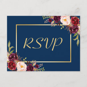 Invitation Carte Postale Bourgogne Floral Gold Navy Blue Wedding RSVP Répon