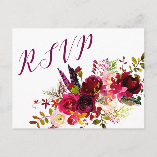 Invitation Carte Postale Bourgogne Floral RSVP réponse 3979, choix d'entrée (Devant)