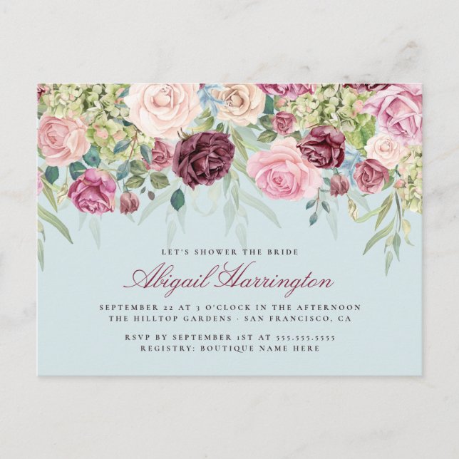Invitation Carte Postale Bourgogne & Pastel Aquarelle Fête des mariées flor (Devant)