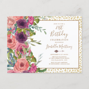 Invitation Carte Postale Bourgogne rose Floral Gold Parties scintillant 21e