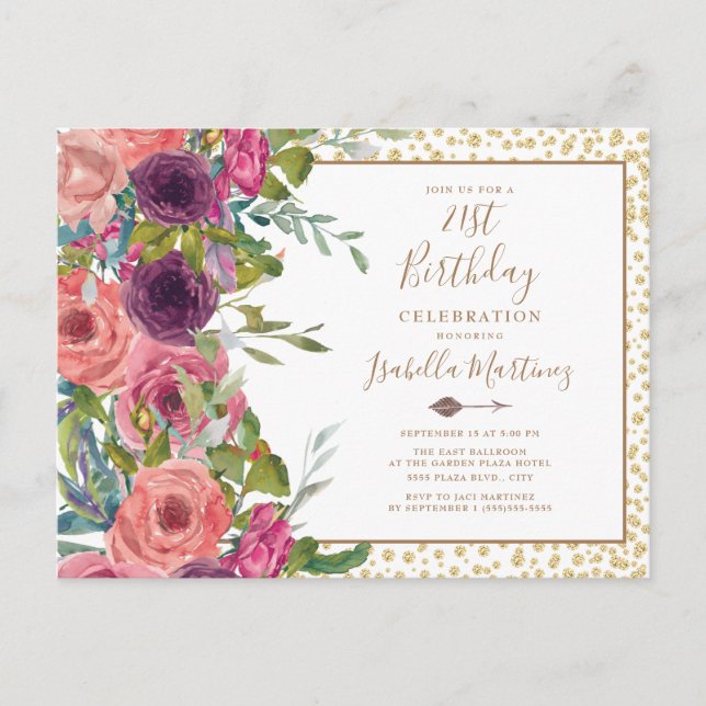 Invitation Carte Postale Bourgogne rose Floral Gold Parties scintillant 21e (Devant)