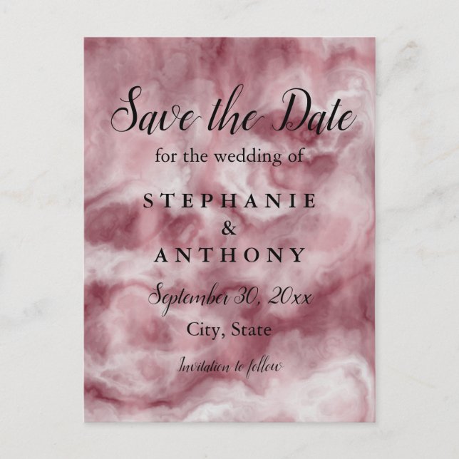 Invitation Carte Postale Bourgogne, Rose mariage en marbre doré Enregistrer (Devant)