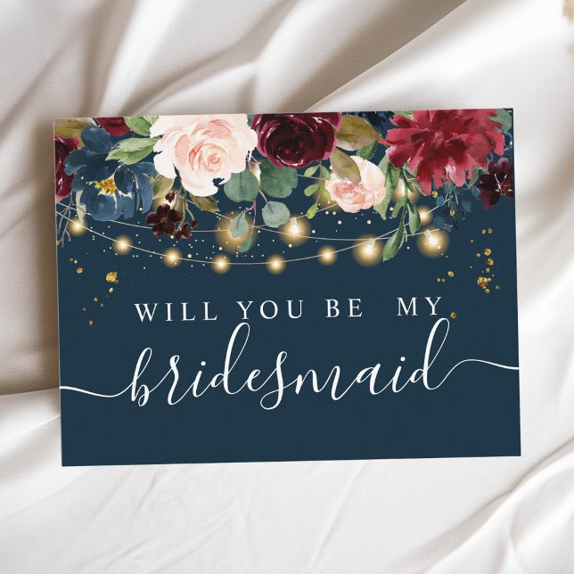 Invitation Carte Postale Bourgogne rustique bleu marine et rouge Fleurs et  (Créateur téléchargé)