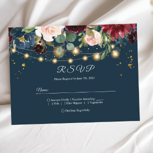 Invitation Carte Postale Bourgogne rustique, fleurs et lumières bleues et r