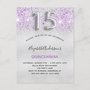 Invitation Carte Postale Boutons de parties scintillant violet argent de Qu