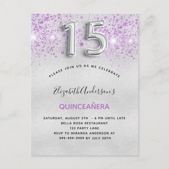 Invitation Carte Postale Boutons de parties scintillant violet argent de Qu (Devant)