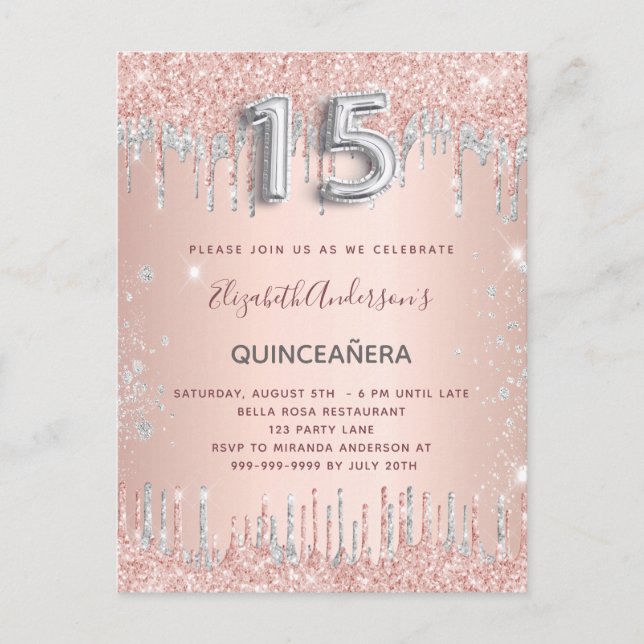 Invitation Carte Postale Boutons d'or rose Quinceanera (Devant)