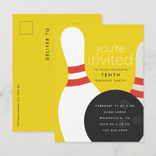Invitation Carte Postale Bowling fête d'anniversaire