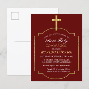 Invitation Carte Postale Boys Bourgogne Gold Cross 1ère Sainte Communion