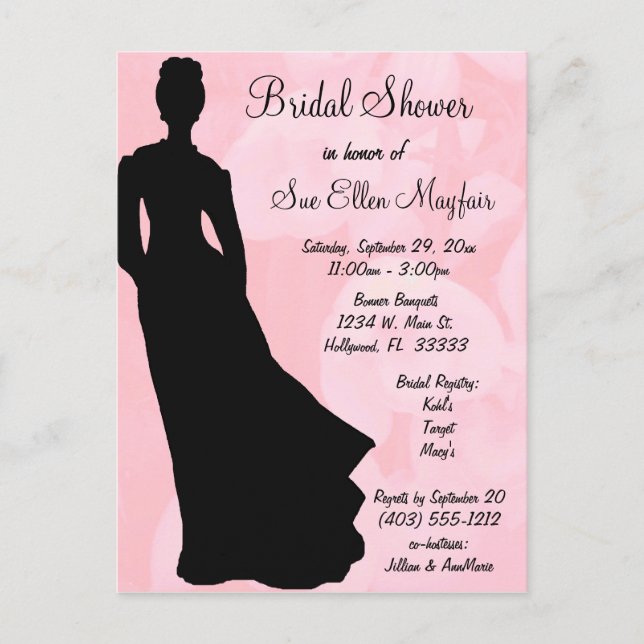 Invitation Carte Postale Bride noire Silhouette rose Arrière - plan floral (Devant)