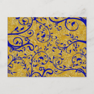 Invitation Carte Postale brocade or et cobalt