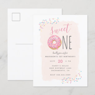 Invitation Carte Postale Brouiller   Doughnut rose saupoudrer doux 1er anni