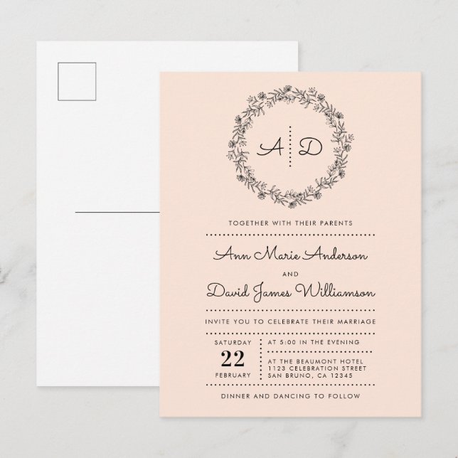 Invitation Carte Postale Brouiller | Pays Floral Mariage de couronne (Devant / Derrière)