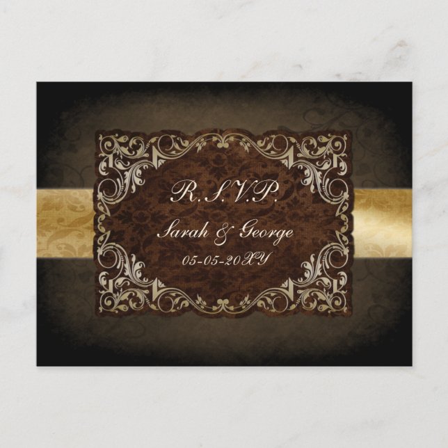 Invitation Carte Postale Brown Ornemental Rustique Regal Et Mariage Or (Devant)