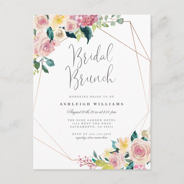 Invitation Carte Postale Brunch nuptial géométrique rose floral verdoyant (Devant)
