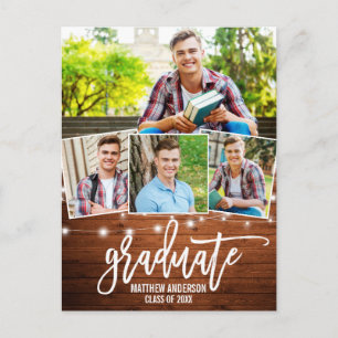 Invitation Carte Postale Brush Script Wood Lights Graduation