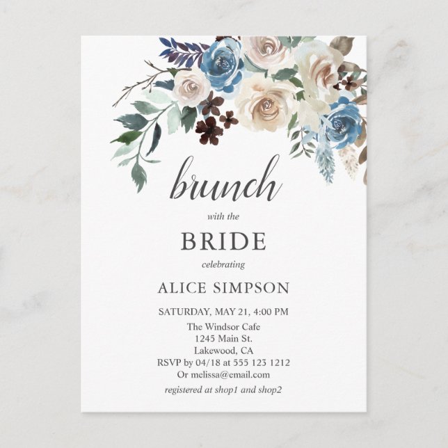 Invitation Carte Postale Budget Boho Blue Beige Flower Brunch Fête des mari (Devant)