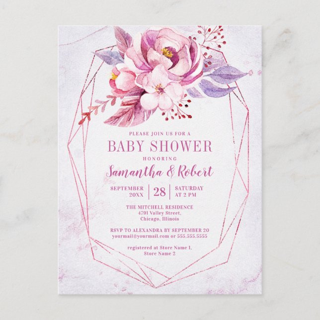 Invitation Carte Postale Budget Boho Rose Gold Floral Baby shower rose (Devant)