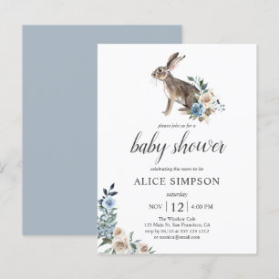 Invitation Carte Postale Budget Bunny Boho Dusty Blue Flower Baby shower