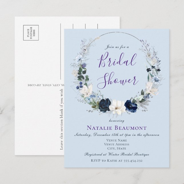 Invitation Carte Postale Budget Dusty Blue Botanical Floral Fête des mariée (Devant / Derrière)