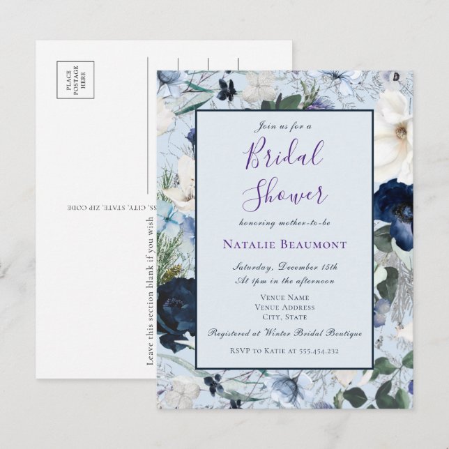 Invitation Carte Postale Budget Dusty Blue Elegant Fête des mariées florale (Devant / Derrière)