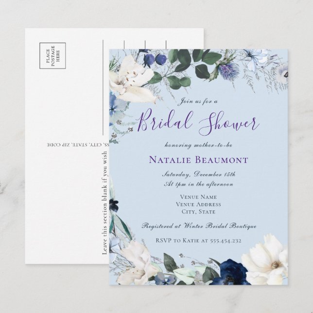 Invitation Carte Postale Budget Dusty Blue Elegant Fête des mariées florale (Devant / Derrière)