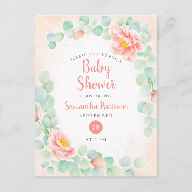 Invitation Carte Postale Budget Eucalyptus Folio Baby shower Floral Pêche (Devant)