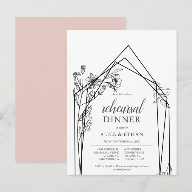 Invitation Carte Postale Budget Fleurs Boho Dîner de répétition géométrique (Devant / Derrière)