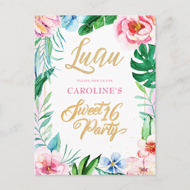 Invitation Carte Postale Budget Luau Tropical Floral Hawaiian Sweet 16 (Devant)