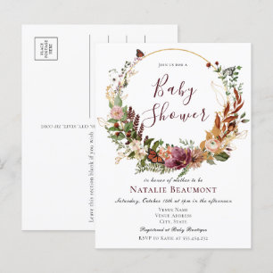 Invitation Carte Postale Budget Rustique Automne Floral & Baby shower de ve