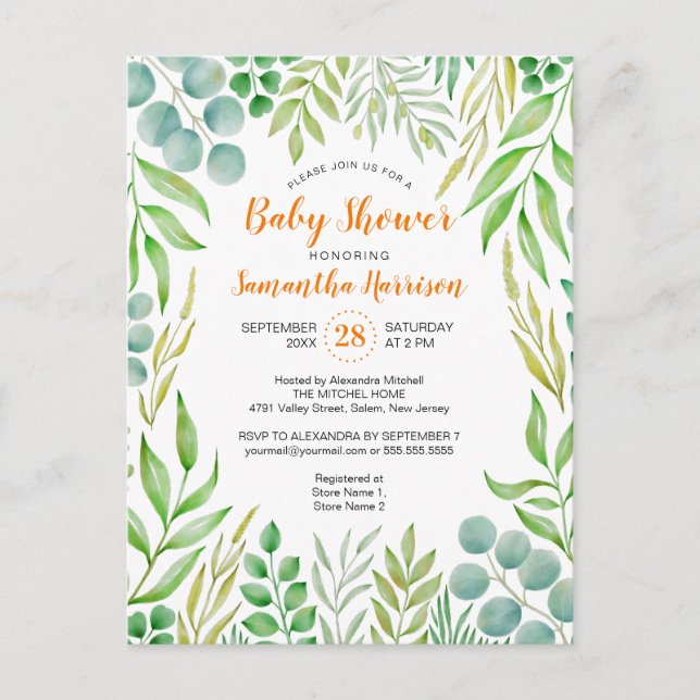 Invitation Carte Postale Budget Verdure Foliage Automne Baby shower botaniq (Devant)