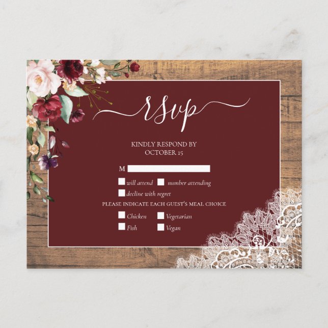 Invitation Carte Postale Burgundy Blush Botanical Lace Bois Mariage RSVP (Devant)