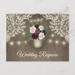 Invitation Carte Postale Burgundy Blush Rose or Mason Jar Mariage RSVP