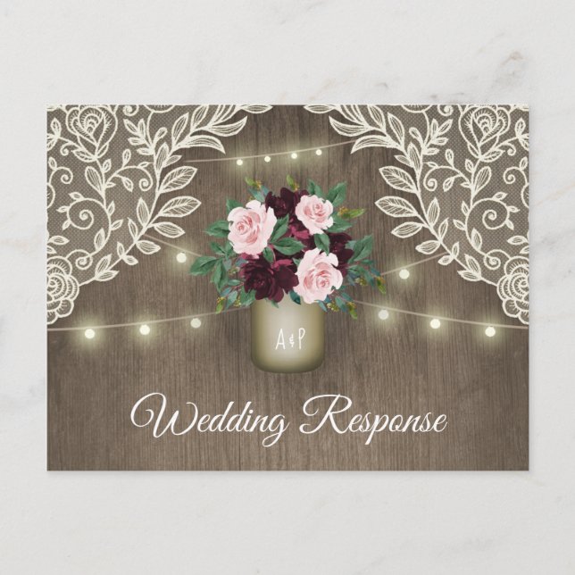 Invitation Carte Postale Burgundy Blush Rose or Mason Jar Mariage RSVP (Devant)