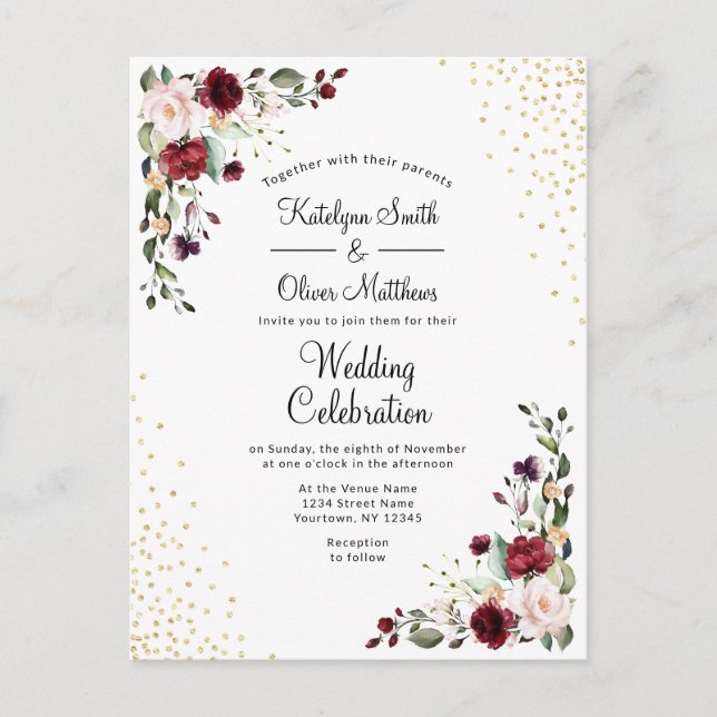 Invitation Carte Postale Burgundy Floral Gold feuille Aquarelle Mariage (Devant)