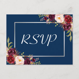Invitation Carte Postale Burgundy Floral Silver Grey Marine Blue Wedding RS