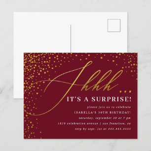 Invitation Carte Postale Burgundy & Gold Confetti Script Surprise Party