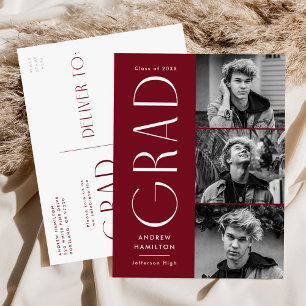 Invitation Carte Postale Burgundy moderne 3 Photo Graduation Party
