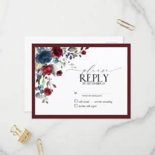 Invitation Carte Postale Burgundy Navy Blue Floral Aquarelle Script RSVP