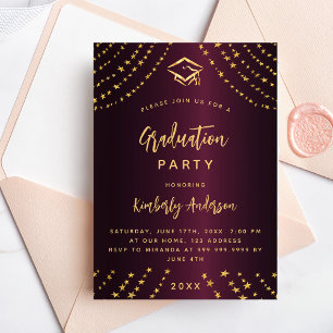 Invitation Carte Postale Burgundy or stars fête de graduation année moderne